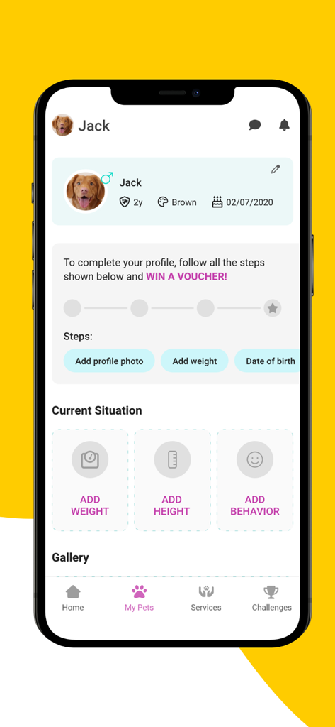 11pets: Pet Care - 11pets app pet profile dashboard for a dog named Jack showing health tracking features