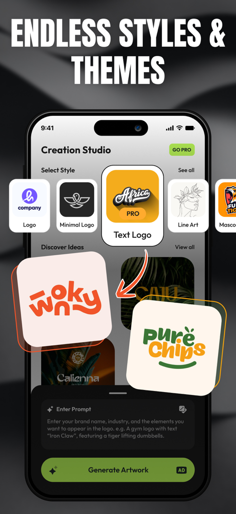 Bildschirm einer mobilen App, der verschiedene KI-Logo-Stile und -Themen mit einer Prompt-Eingabe anzeigt
