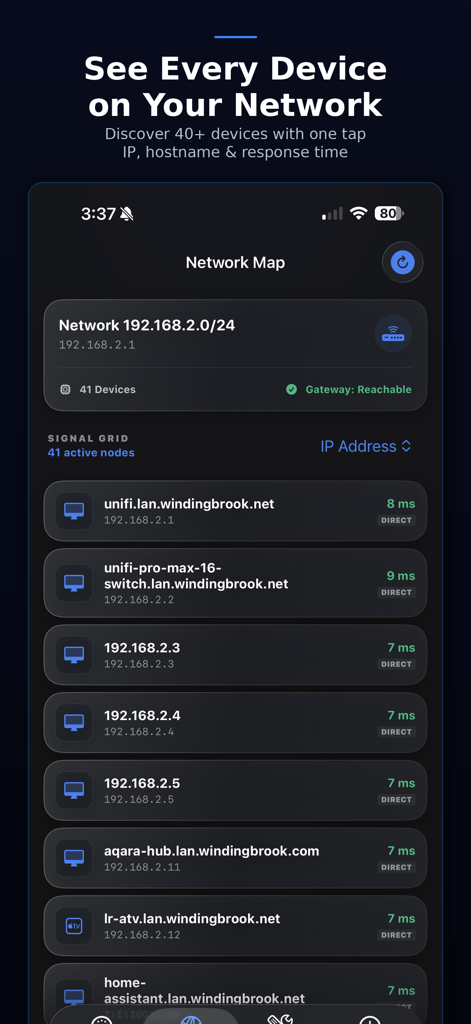 Screenshot of NetMonitor Mobile showing a detailed network map of discovered devices with their IP addresses and response times.