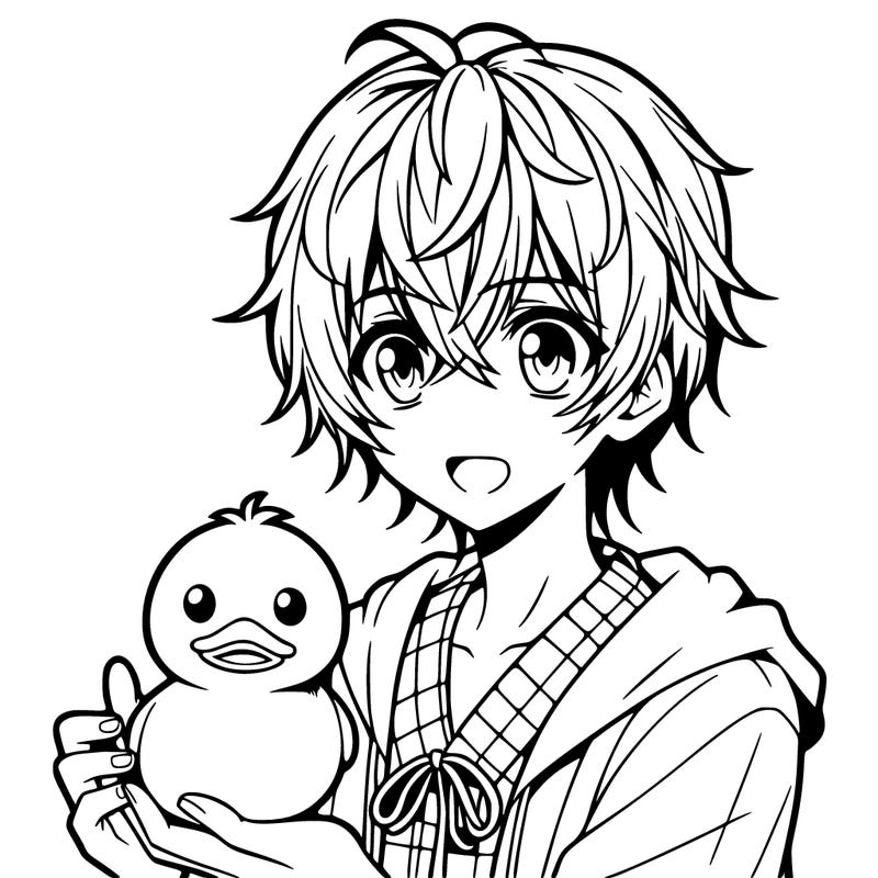 anime boy holding a duck