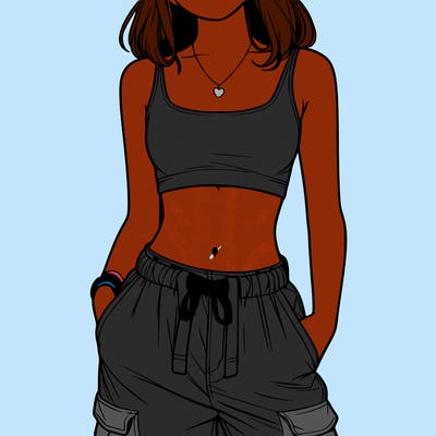 realistic girl wearing a crop top and a baggy pair of cargo pants