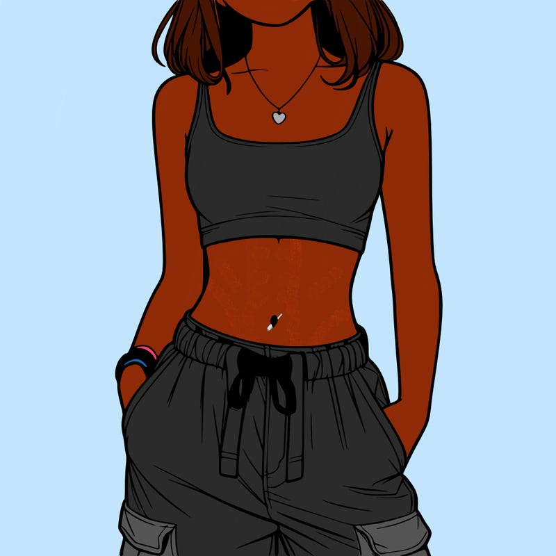 realistic girl wearing a crop top and a baggy pair of cargo pants