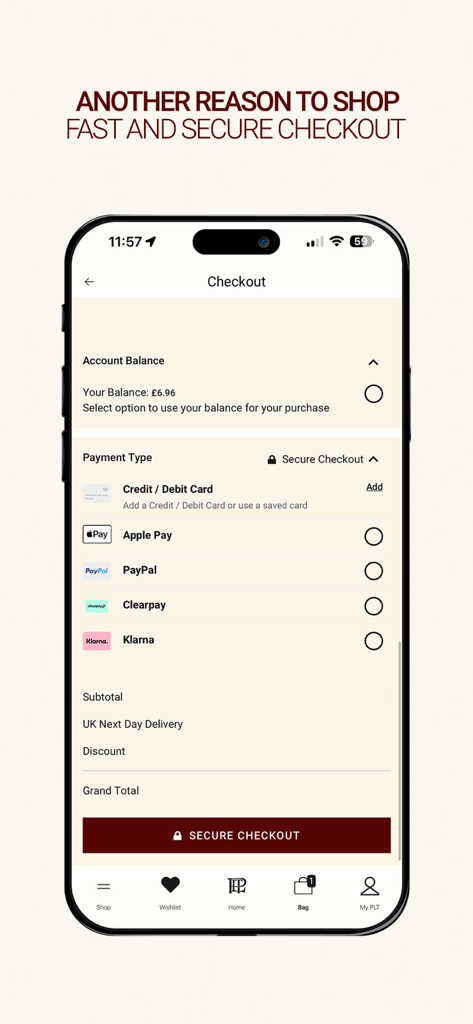 Checkout screen of the PrettyLittleThing app showing secure payment options like Apple Pay, PayPal, and Klarna.