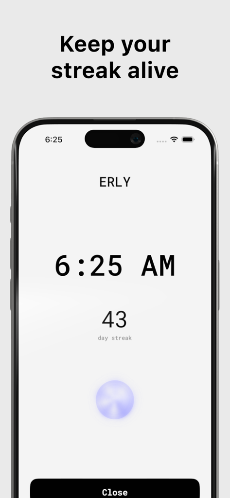Erly: Wake Up Early - Schermata dell'app Erly che mostra una streak di sveglia mattutina di 43 giorni alle 6:25.