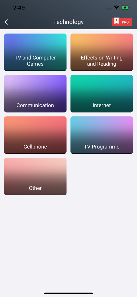 IELTS Writing Exam Test Prep - Ein Bildschirm aus der IELTS Writing Exam Test Prep App, der ein Menü von technologiebezogenen Aufsatzthemen wie Internet und Kommunikation zeigt.