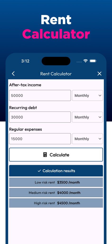 Rent calculator interface showing income debt and monthly rent risk levels