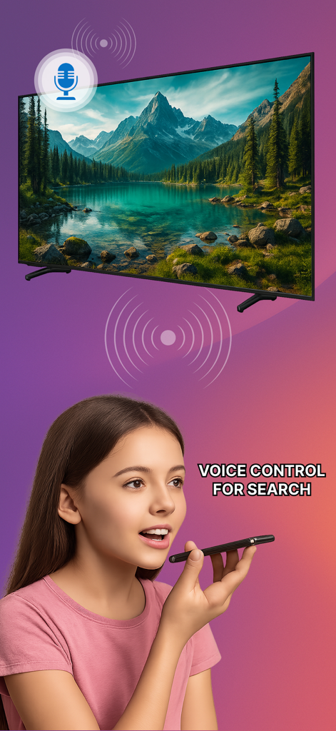 Android TV Remote Control. - Una mujer joven usando su teléfono inteligente para realizar una búsqueda por voz en un Android TV.