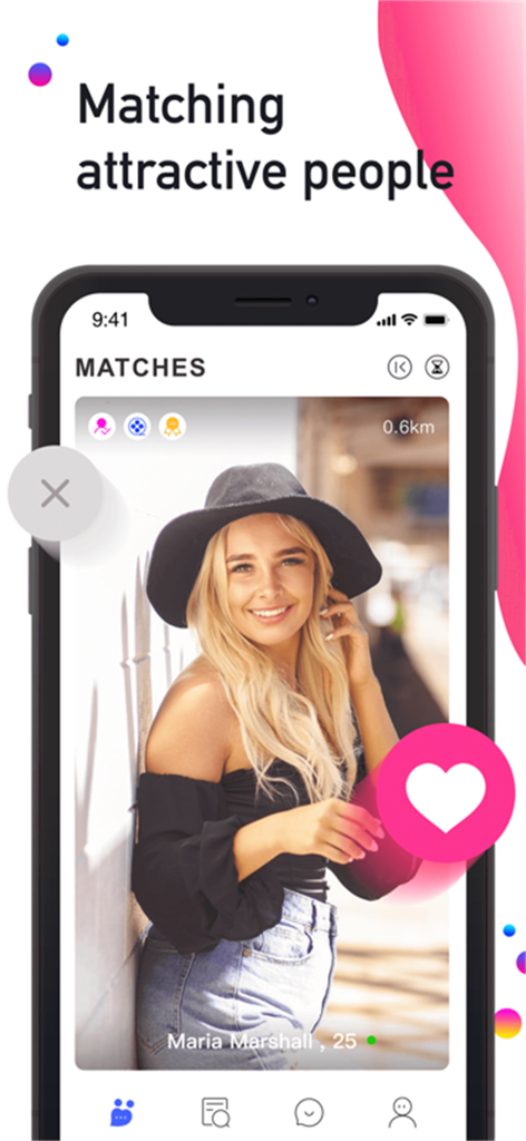 Hot-Casual Dating&Chat App - A profile on the Hot-Casual Dating app showing a match recommendation with distance and a pink heart button