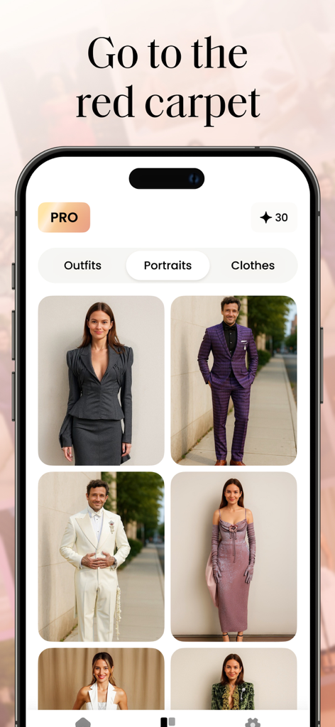 Virtual Try On: Outfit Planner - レッドカーペットルックのためにAI生成されたフォーマルな衣装を特徴とするモバイルアプリのインターフェース
