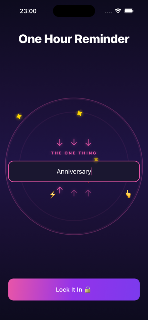 One Hour Reminder - A tela de entrada de tarefa única para o aplicativo Lembrete de Uma Hora com uma interface minimalista escura