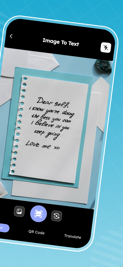 Image to Text: PDF Scanner App - 手書きのメモをスキャンしてテキストを抽出するモバイルアプリのインターフェース