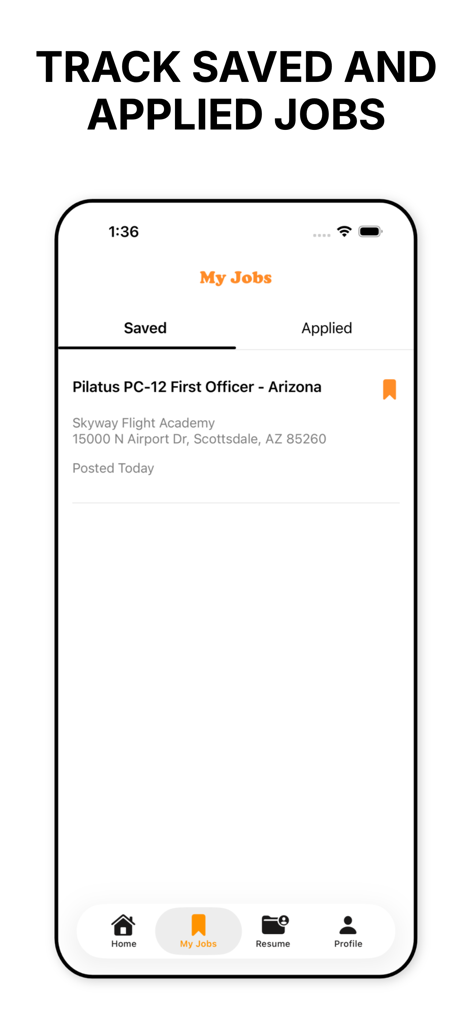 climbto350: aviation job board - Mobile app interface of climbto350 showing the My Jobs section with a saved Pilatus PC-12 First Officer position.