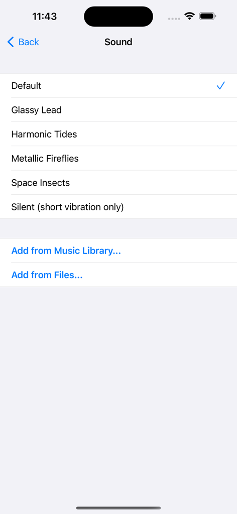 Interface for choosing notification sounds in the Battery Charge Alarm app