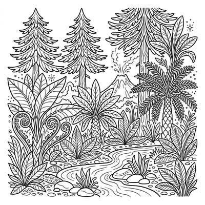 Embark on a thrilling journey back in time with this captivating prehistoric jungle coloring page. Young adventurers will love bringing this scene to life with its lush plants, flowing river, and exciting erupting volcano.