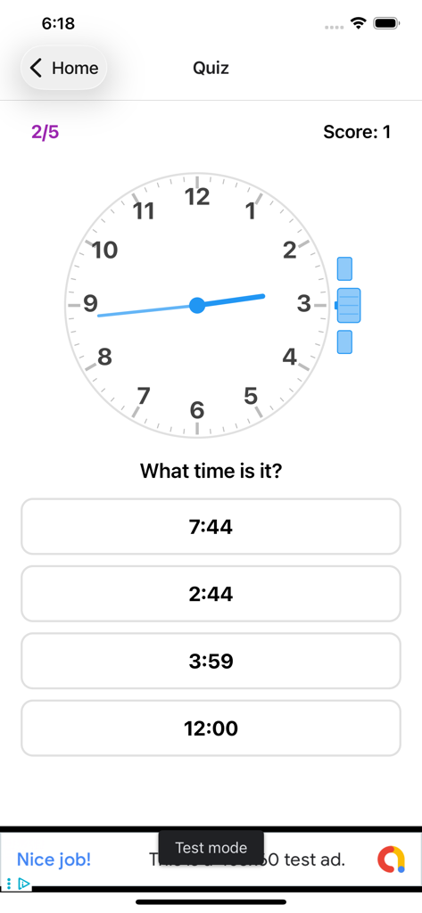 Educational quiz screen showing an analog clock and multiple choice time answers for kids
