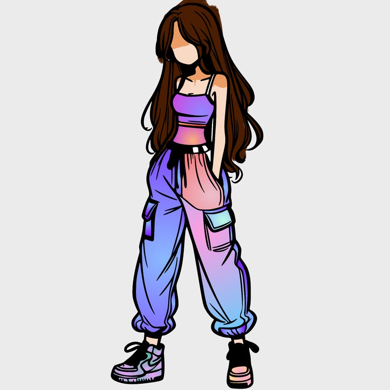girl in baggy pants crop top and long hair