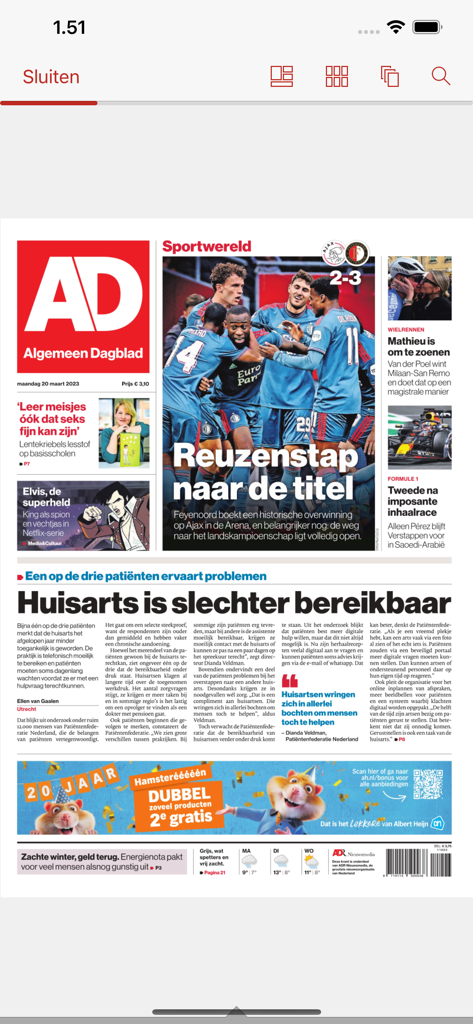 Réplique numérique de la une du journal AD affichée dans l'application.