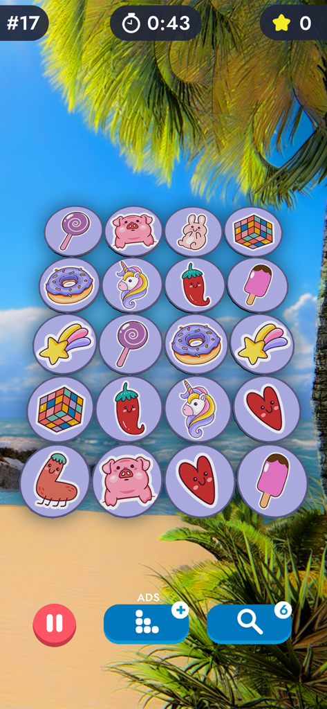 Match Pairs 3D: Matching Game - Gameplay of Match Pairs 3D showing a grid of colorful icons on a beach background
