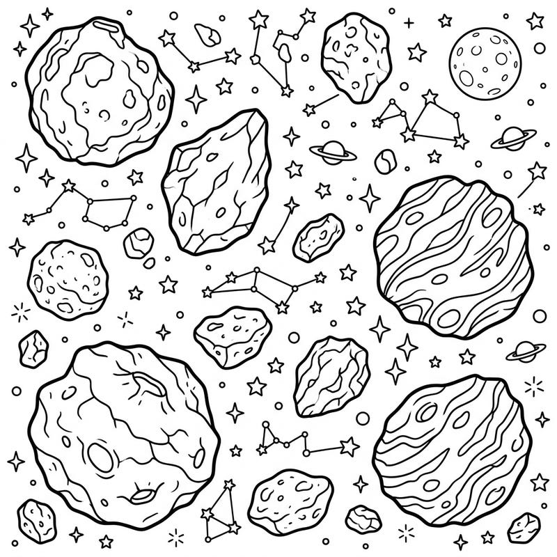 Journey into the vastness of space with this exciting main belt asteroids coloring page designed especially for kids. Discover a cosmic array of unique asteroids, twinkling stars, and distant celestial bodies ready for your creative touch.