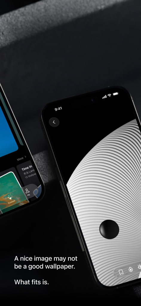 An iPhone displaying a curated minimalist abstract wallpaper with black and white curved lines from the Cuto app.