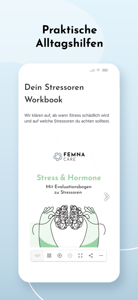 FEMNA Care - FEMNA Care app screenshot displaying a Stress and Hormone workbook lesson about cycle health