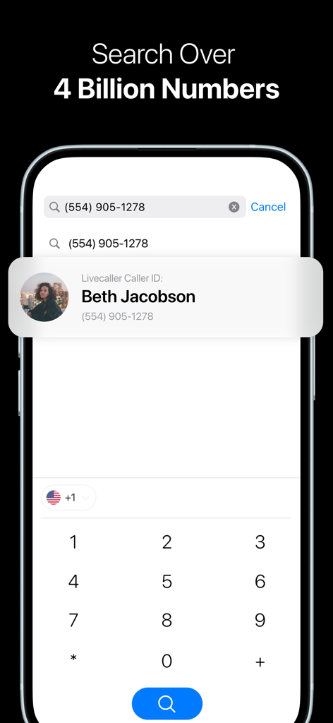 Livecaller: Live Caller ID - Pantalla de iPhone que muestra la aplicación Livecaller buscando más de 4 mil millones de números de teléfono para identificar el nombre de un llamante