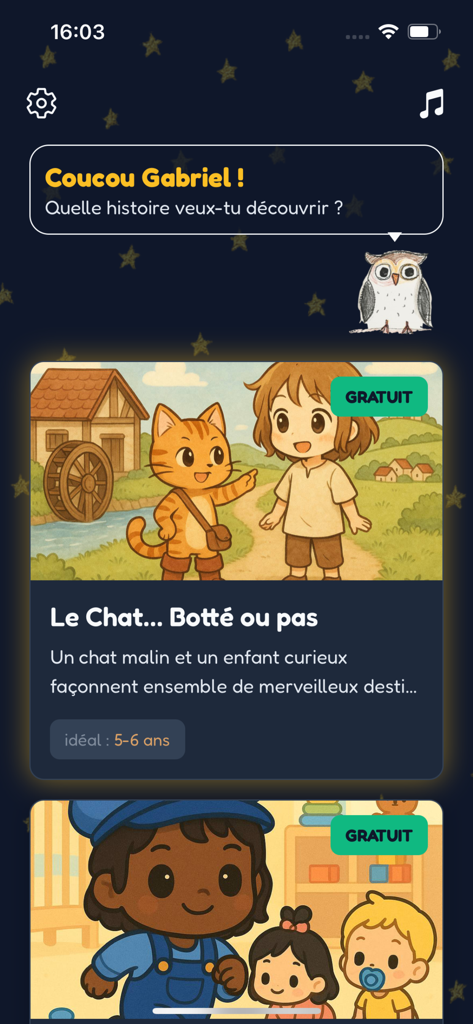 eBooKids - The home screen of the eBooKids app featuring a personalized greeting and a list of interactive children stories.