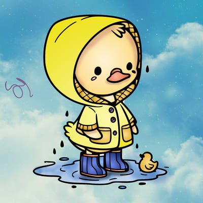 baby duck in a rain coat and boots, in a puddle while it’s raining