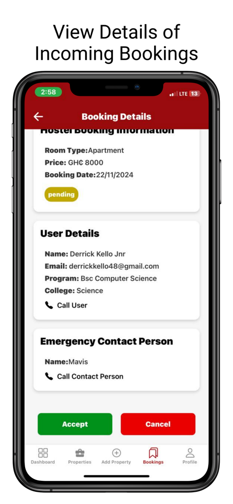 Hostelhubb Admin - Pantalla móvil de Hostelhubb Admin que muestra información detallada de una reserva de estudiante con opciones para aceptar o rechazar una solicitud