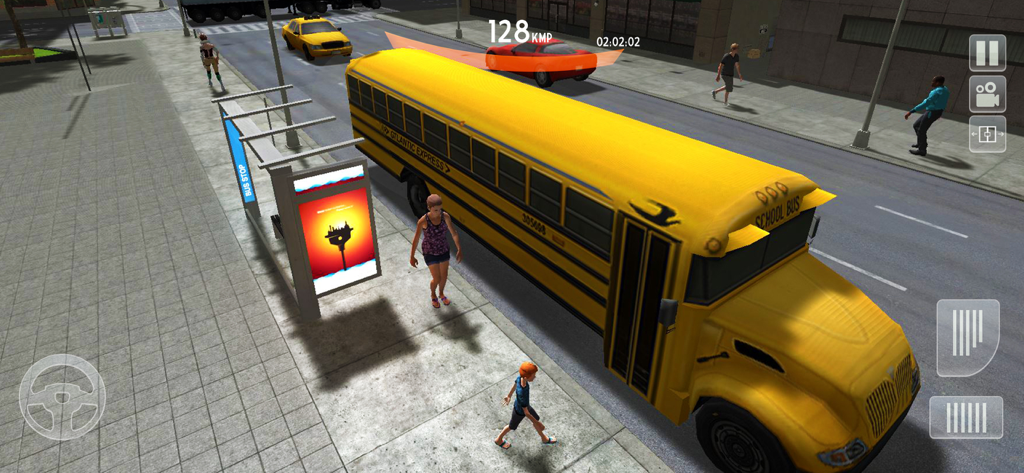 offroad Coach Bus Simulator 3d - A yellow school bus stopped at a city bus station in a driving simulation game