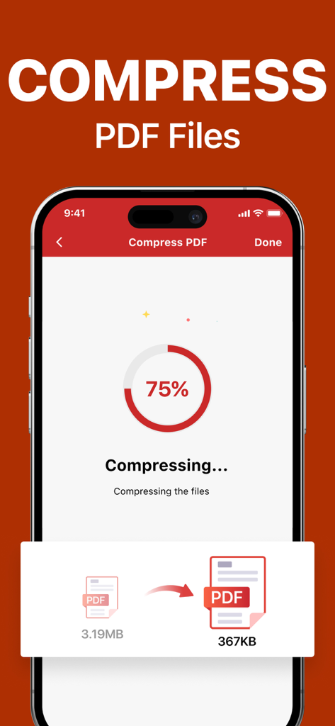 PDF Editorアプリのインターフェース。3.19MBのファイルを367KBに圧縮する進行状況インジケーターを表示しています。
