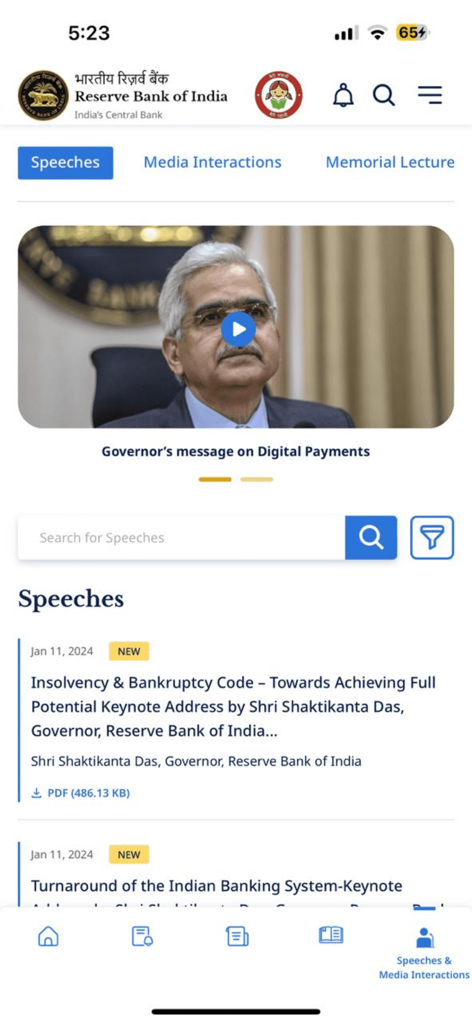 Reserve Bank of India - Interfaz oficial de la aplicación del Banco de la Reserva de la India que muestra la sección de discursos y un mensaje del Gobernador