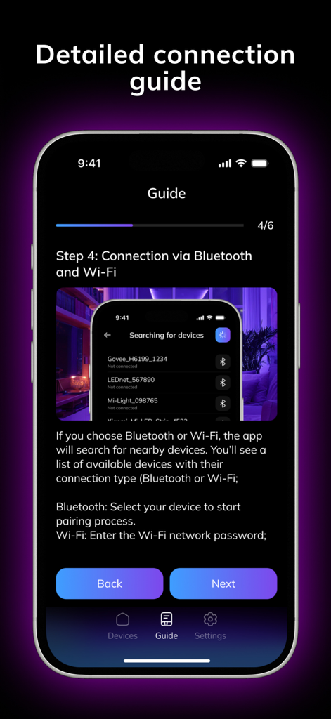 LED Light: Controller Remote - Smartphone screen showing step 4 of the detailed connection guide for LED lights using Bluetooth and Wi-Fi