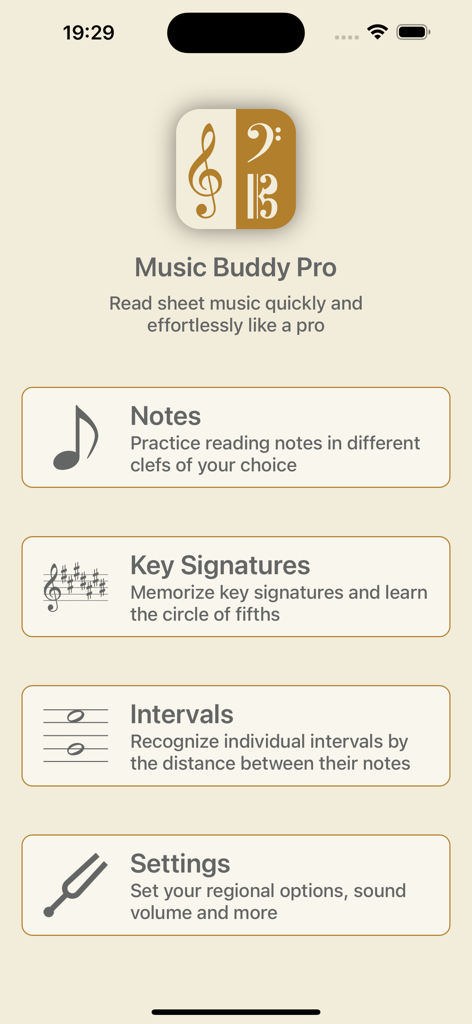 Music Buddy Pro – Learn notes - Main menu of the Music Buddy Pro app featuring educational modules for learning notes key signatures and intervals