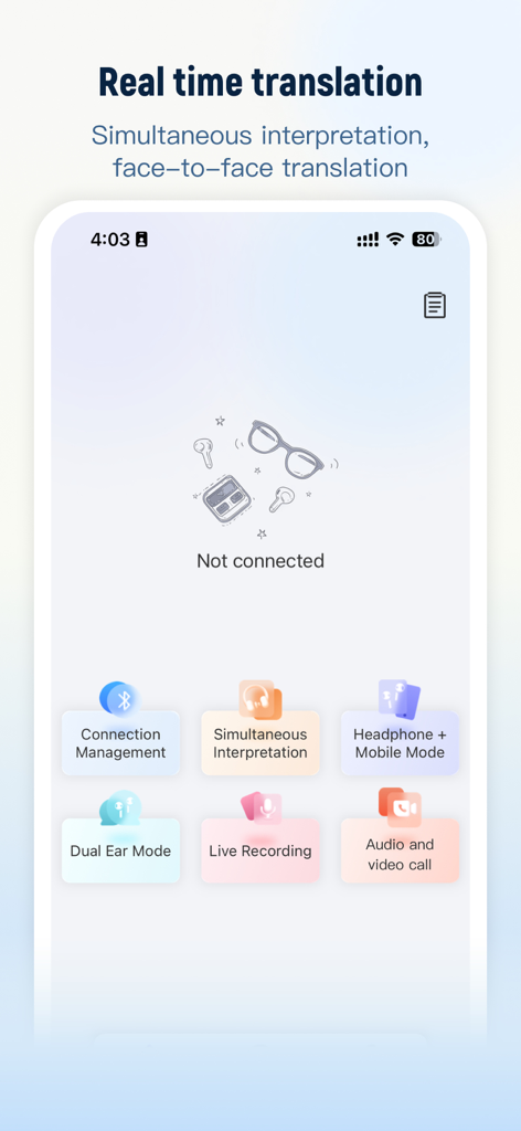 NebulaBuds - Interfaz de la aplicación NebulaBuds mostrando funciones de traducción en tiempo real y gestión de conexiones