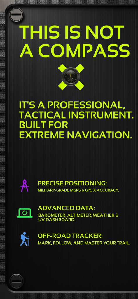 Compass X: GPS Map,Tracker - Captura de pantalla promocional de la aplicación Compass X que describe herramientas de navegación táctica y precisión GPS de grado militar