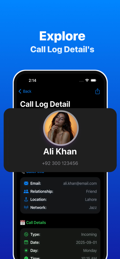 Phone lD CaIIer - Eine mobile Benutzeroberfläche, die detaillierte Anrufprotokollinformationen anzeigt, einschließlich Name des Kontakts, Telefonnummer, E-Mail und spezifische Anrufmetadaten wie Dauer und Netzwerk.