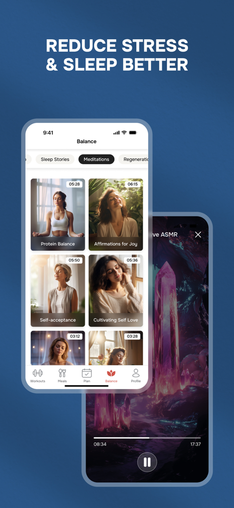 Diet & Training by Ann - ストレス軽減と睡眠のためのガイド付き瞑想を特徴とする、Diet and Training by Annアプリの「バランス」セクションのモバイルアプリインターフェース。
