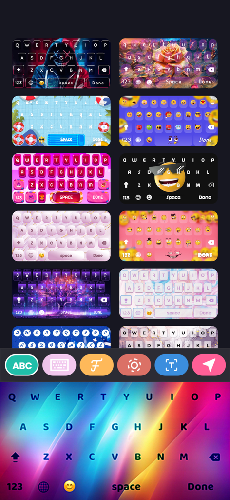 A gallery of various aesthetic and colorful keyboard themes for personalized mobile messaging