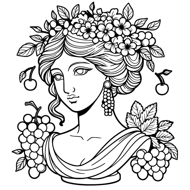 bust of a woman statue with flowers and a bunch of grapes in her hair, cherry earrings