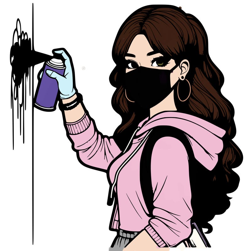 realistic girl with mask spray painting a wall
