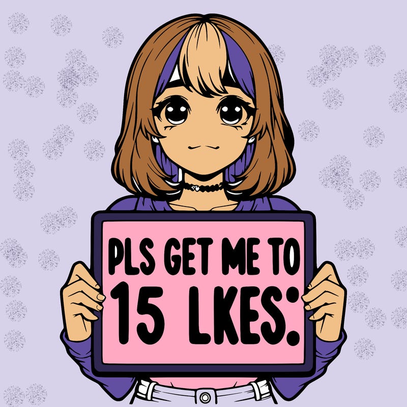 realistic girl holding up a sign that says “pls get me to 15 likes!”