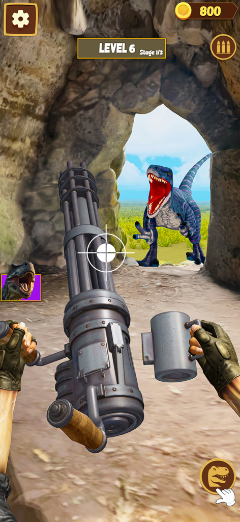 Dinosaur Hunting-Universe Game - FPS perspective of a player aiming a large gun at a dinosaur in a hunting simulator.