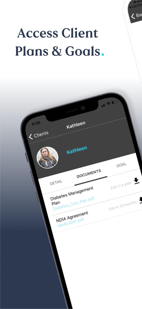 ShiftCare mobile app interface showing client documents and care plans
