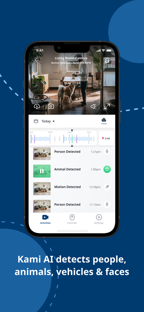 Kami Home app interface showing AI detection of people and pets in a living room