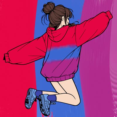 realistic girl jumping with a bun and oversized sweatshirt