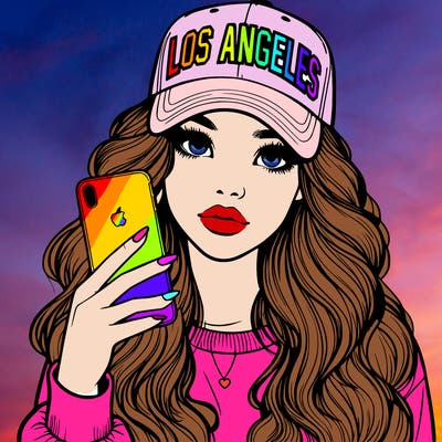 realistic beautiful girl wearing los ángeles cap holding an iphone