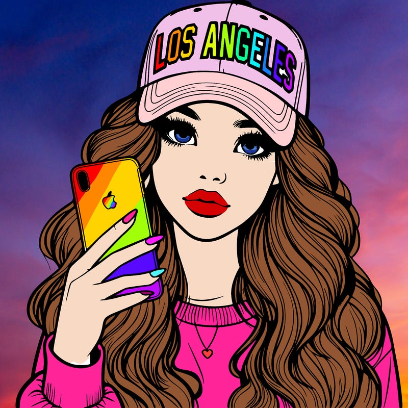 realistic beautiful girl wearing los ángeles cap holding an iphone