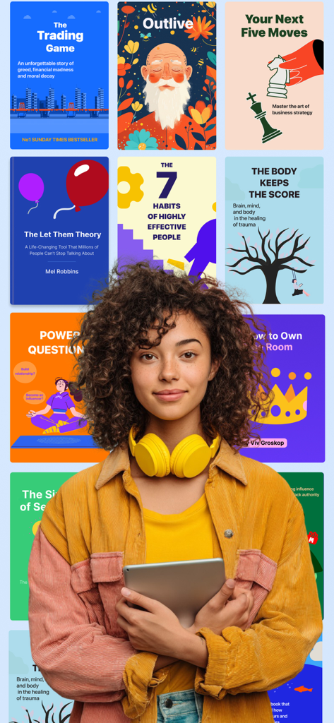 Una joven con auriculares amarillos y una tablet de pie frente a un collage de portadas de resúmenes de libros de no ficción populares.