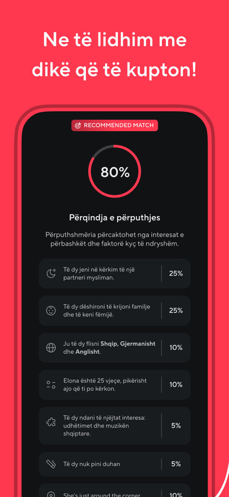 Screenshot der dua.com App, der eine Kompatibilitätsbewertung von 80 Prozent basierend auf gemeinsamen albanischen kulturellen Werten und Lebensstilpräferenzen zeigt